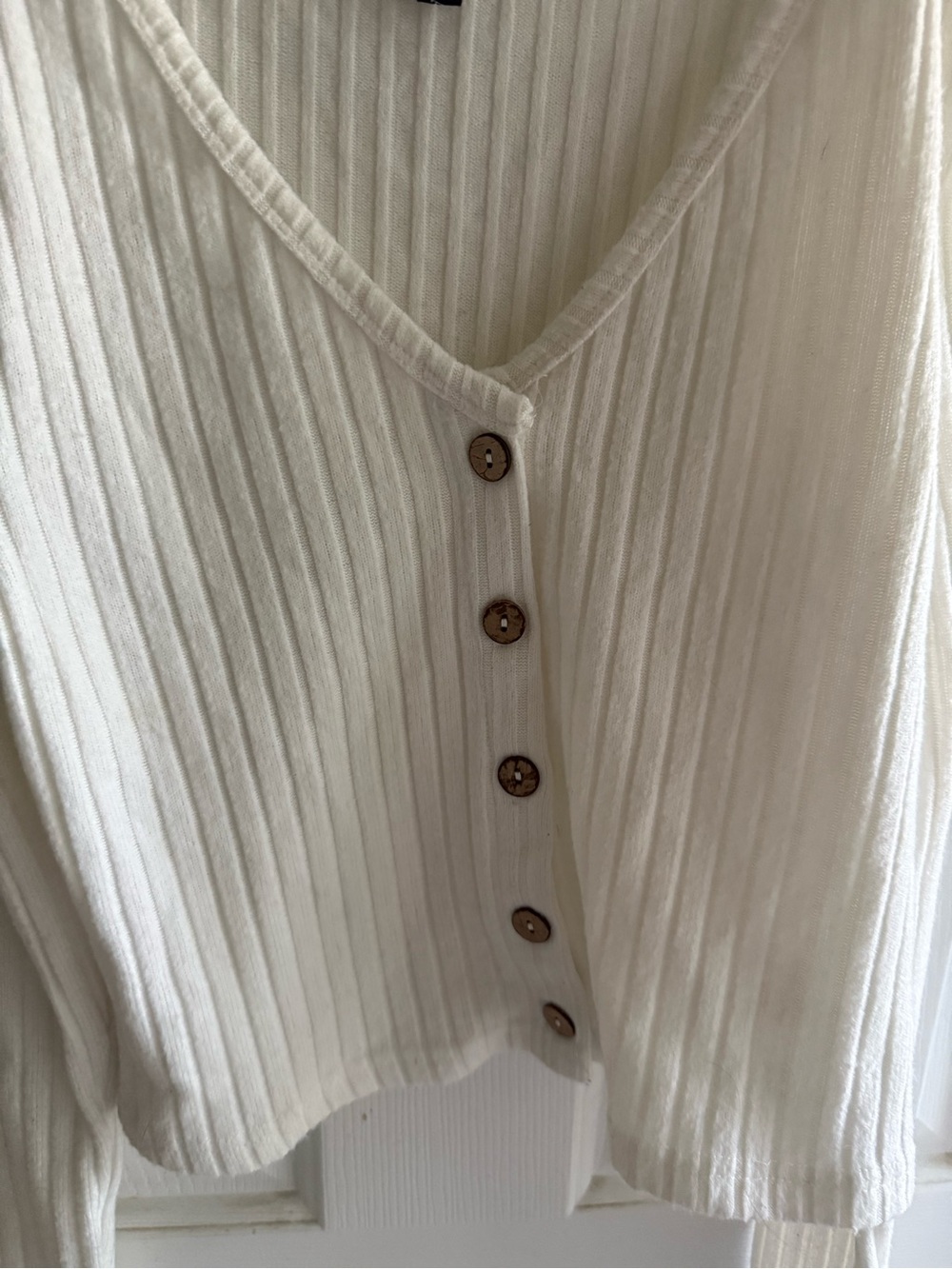 V-Neck Ribbed Button-Front Sweater Cardigan - Cream - Picture 3 of 3